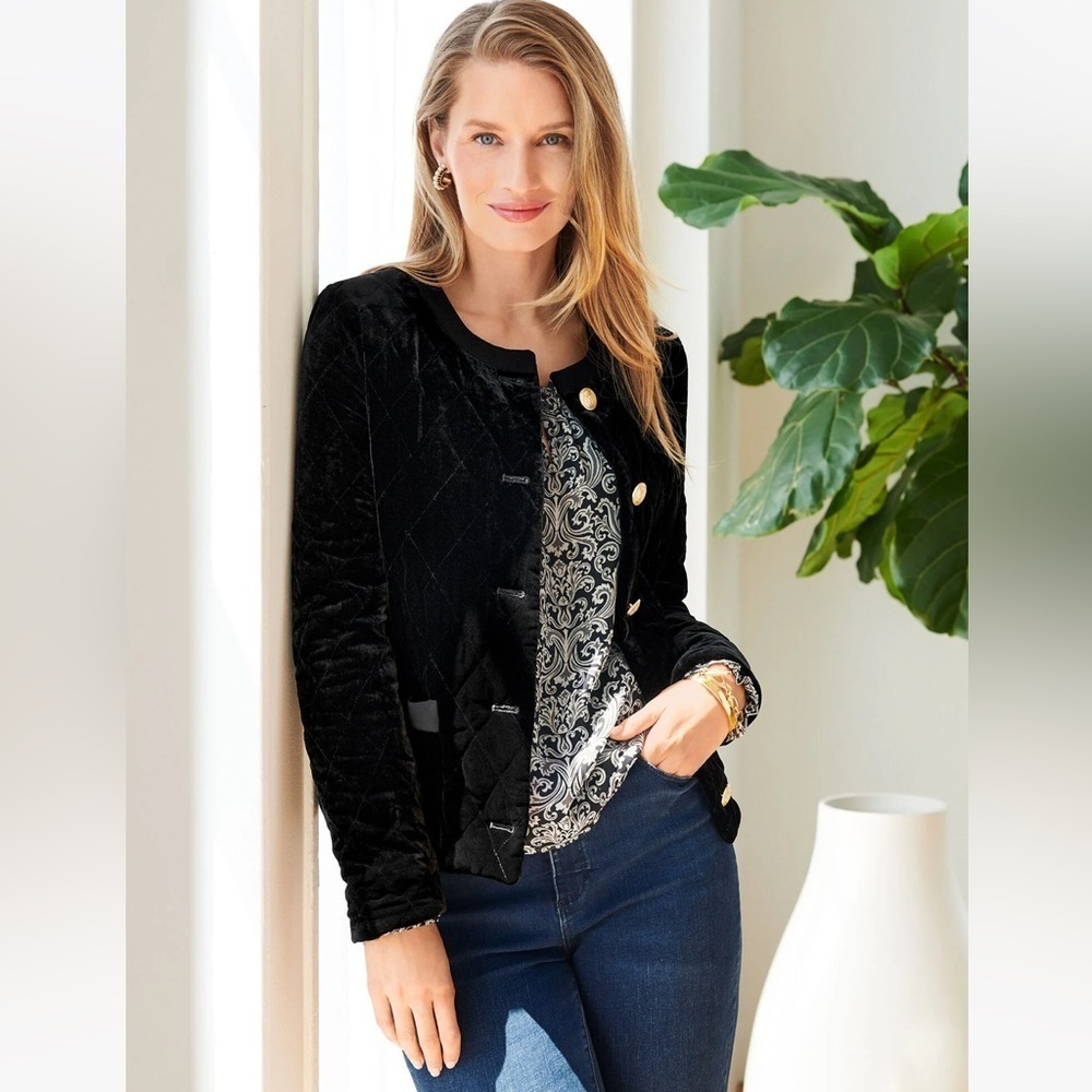 Talbots Black Quilted Velvet Blazer Jacket Coat Gold Buttons Size S
